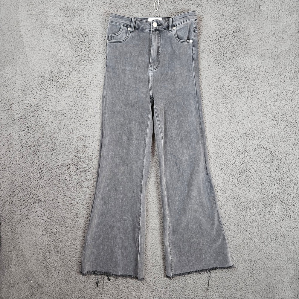 Rollas Eastcoast Crop Flare Jeans Womens 25 High Rise Faded Gray Raw Hem Denim